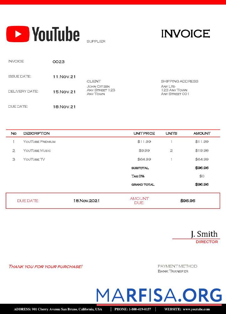 Blank USA Youtube invoice template